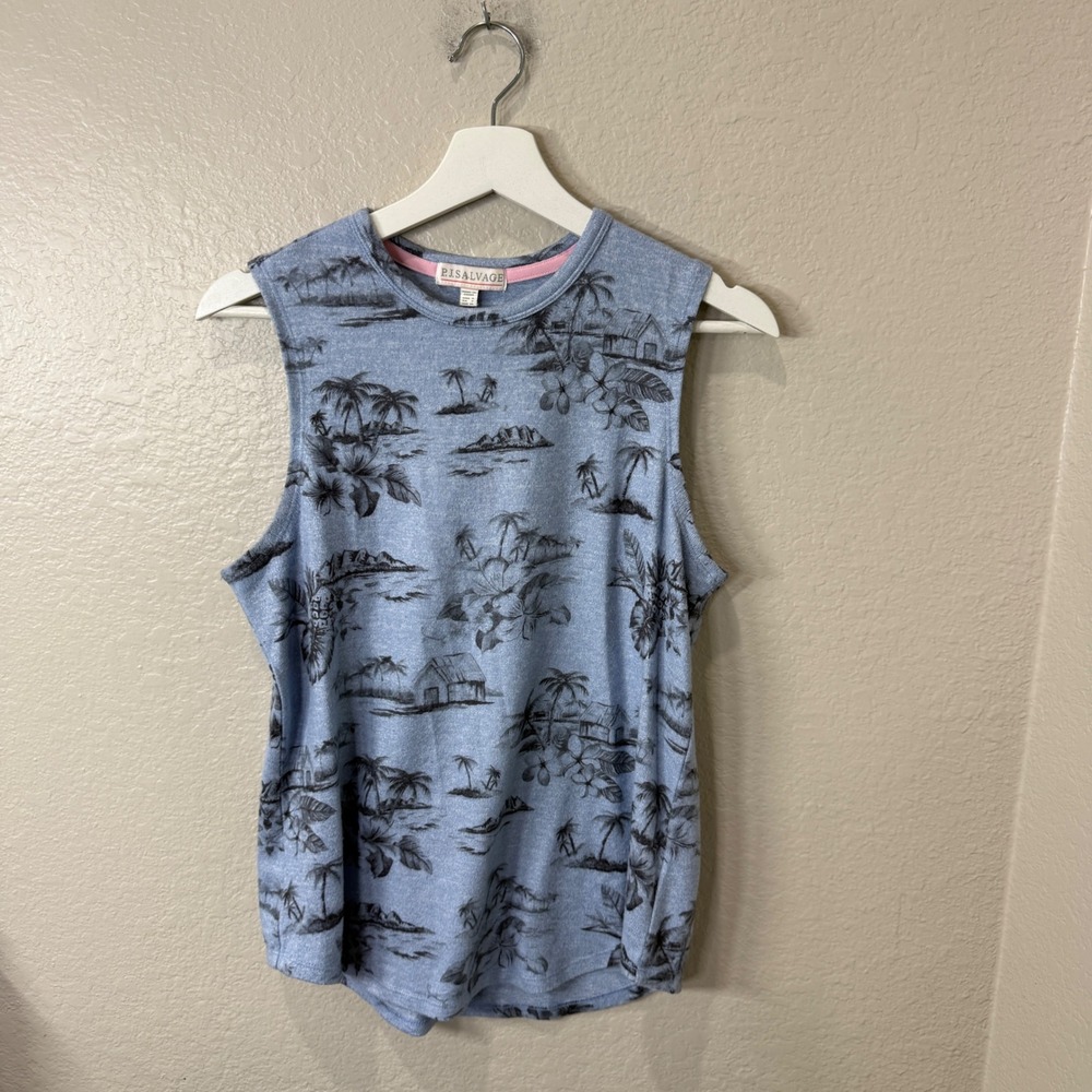 PJ Salvage Tank Top Blue Tropical Island Print Small Coastal Beachy Boho Soft